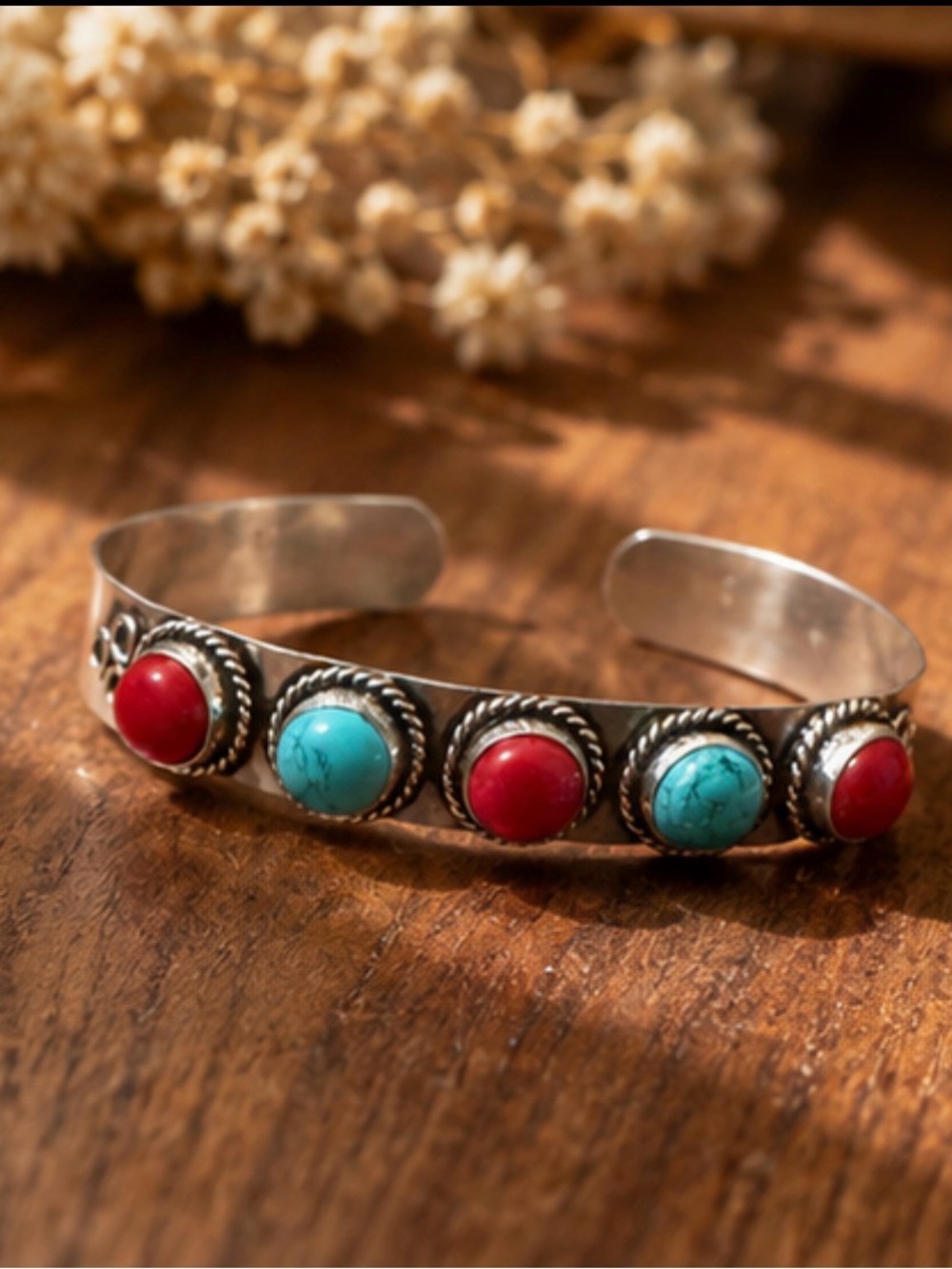 Silver Cuff Bracelet with Turquoise and Red Stone Accents - Picture 6 of 8